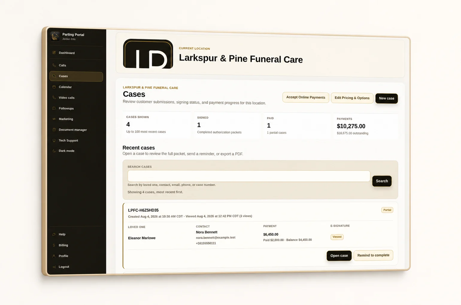 Case list early-access preview with fictional data.