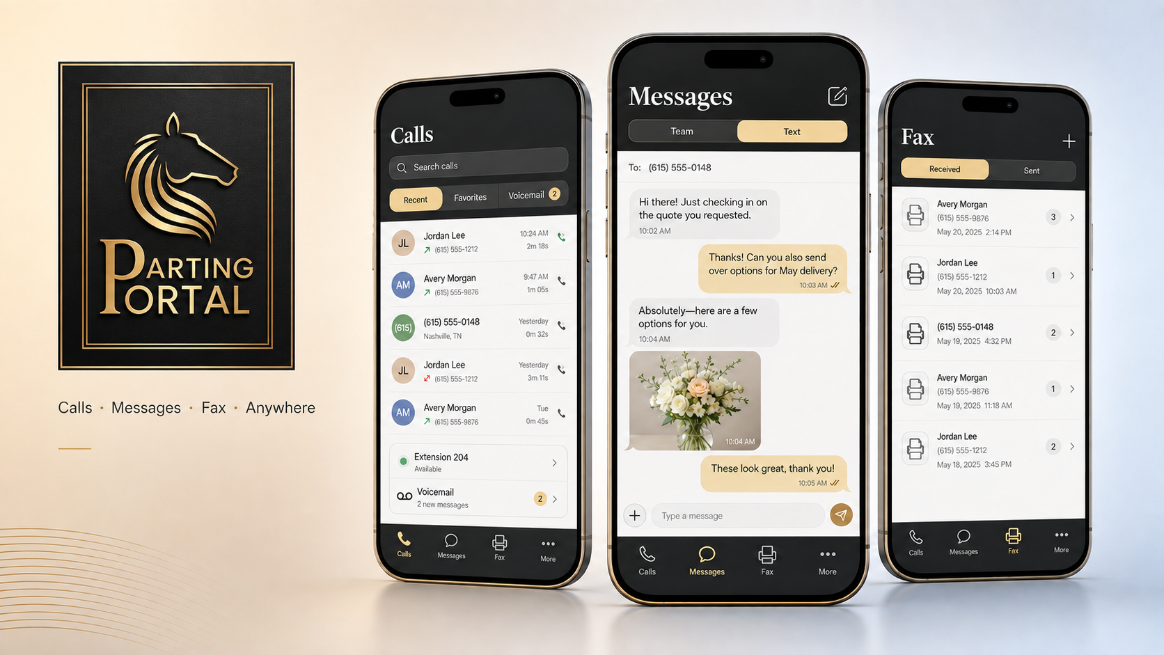 Illustrative Parting Portal mobile app screens for calls, customer text messages, and fax using synthetic demo data.